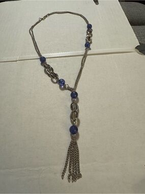 Silver-Tone Necklace with Blue Bead Accents and Tassel Drop